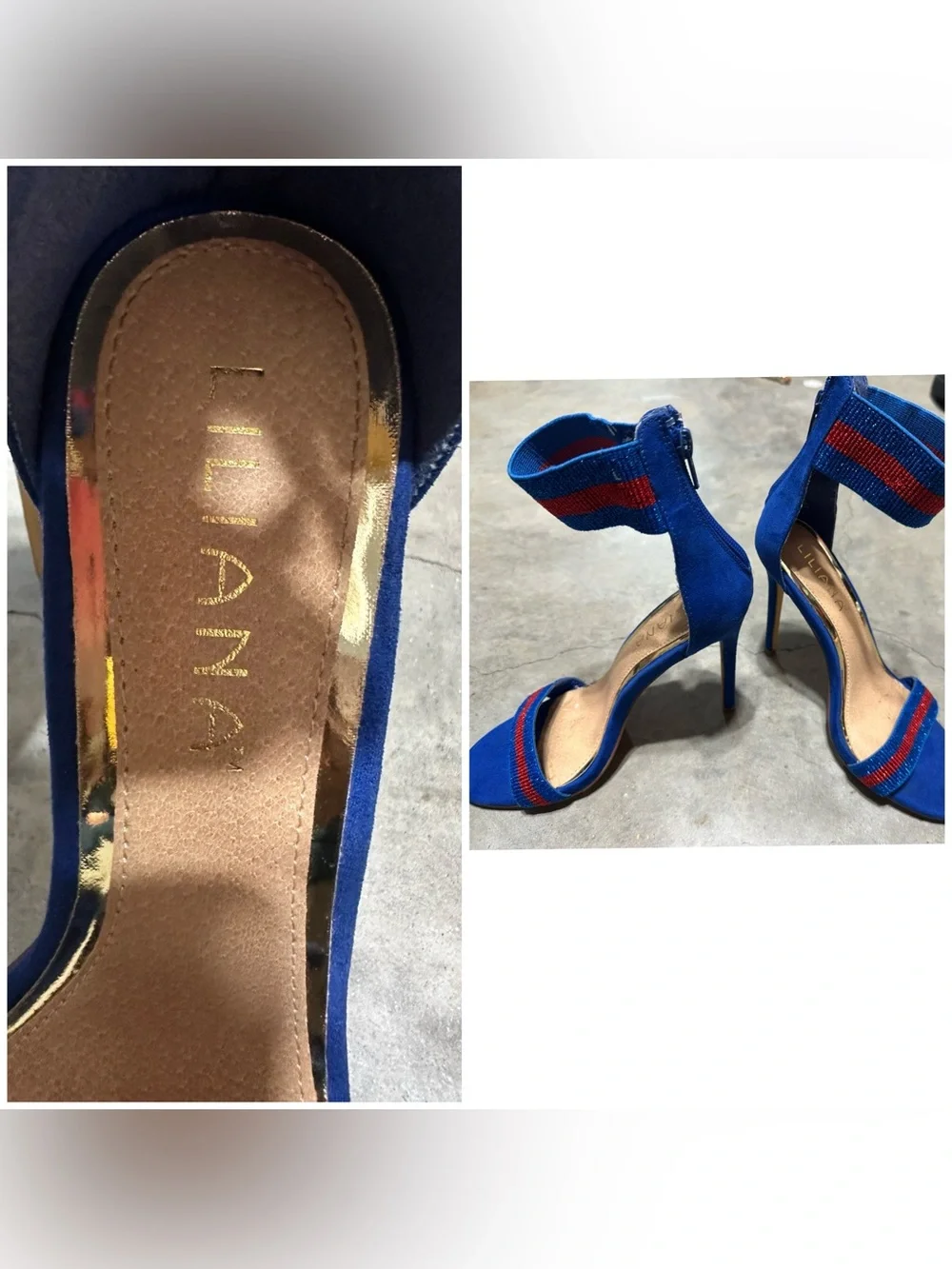 Liliana Blue Suede Stiletto Sandals with Red Striped Accents-7